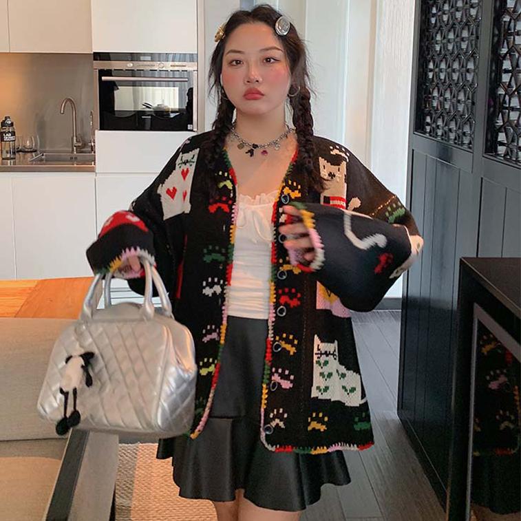 DIMANAF 2025 Цветочные свитера Кардиган Осень Женские с принтом С круглым вырезом Свитера Вязаные Свободные Черный свитер