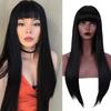 Long Straight Black Wig With Bangs Synthetic Hair Wigs Bang With Wig For Women Wine Red Heat Resistant Wigs