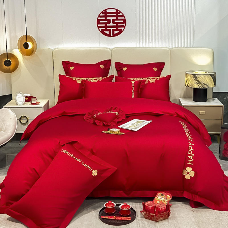 Комплект из четырех предметов с свадебной вышивкой, красное свадебное одеяло, постельное белье, свадебное пододеяльник, простыни, постельное белье для молодоженов, комплект из шести предметов для свадебной кровати