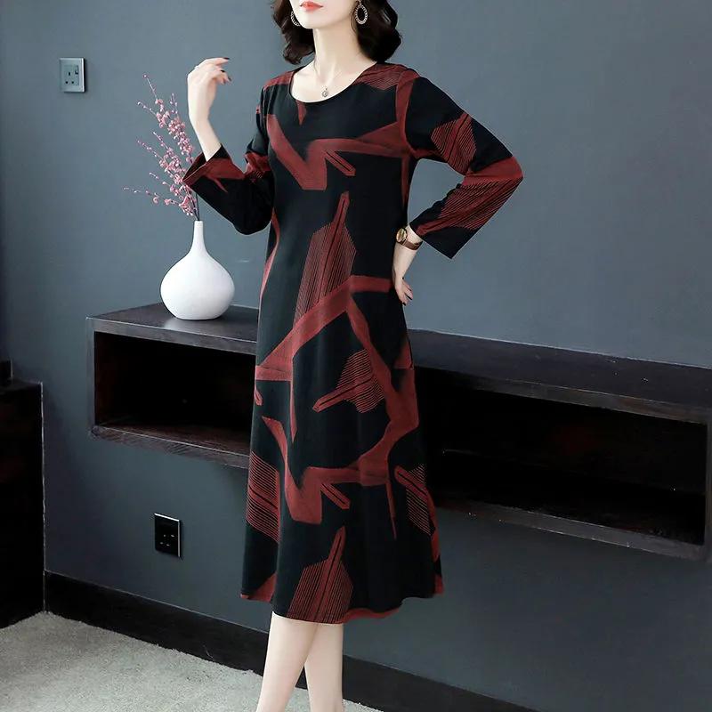 Платье большого размера с длинными рукавами, женское весенне-осеннее платье средней длины выше колена, юбка с круглым вырезом и принтом