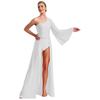 Women's One Shoulder Lyrical Dance Dress Sheer Mesh Flared Sleeve with Shiny Rhinestones Flowy Split