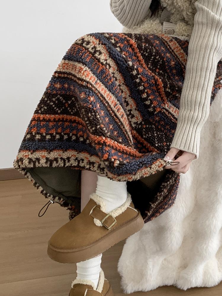 Двусторонняя юбка-фонарик с высокой талией из флиса в стиле Fair Isle для женщин, Осенне-зимняя коллекция