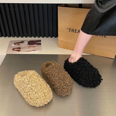 Модные мюли на толстом каблуке из роскошной овечьей шерсти, зимняя обувь, женские шлепанцы, плоские шлепанцы с закрытым носком, теплые шлепанцы из кудрявой овечьей шерсти для женщин