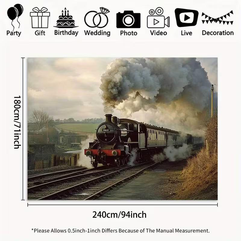 2D Black Steam Locomotive Backdrop Old Countryside Railway Photo Booth Background