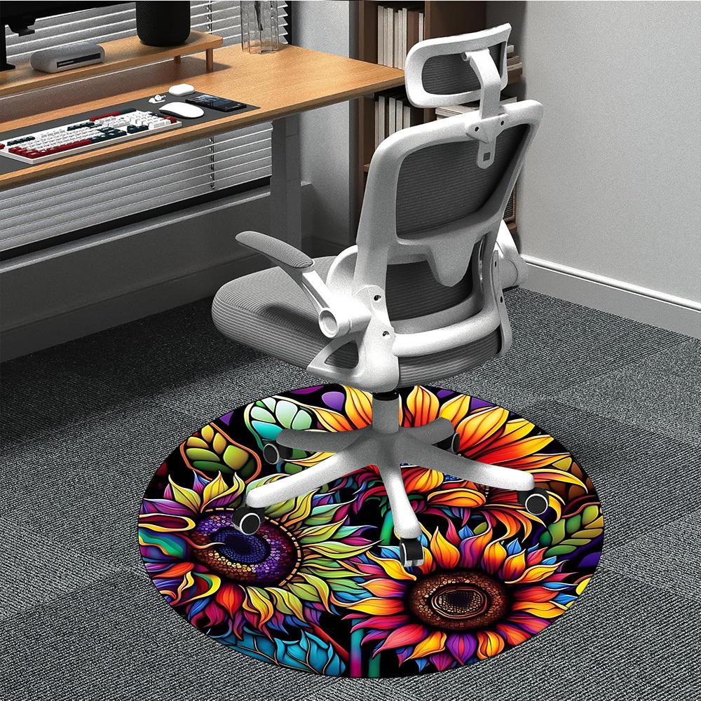 1pc Colorful Sunflower Stained Glass Chair Carpet for Office, Round Polyester Mat, Indoor Decor for Office, Washable Non-slip Carpet yy251219016