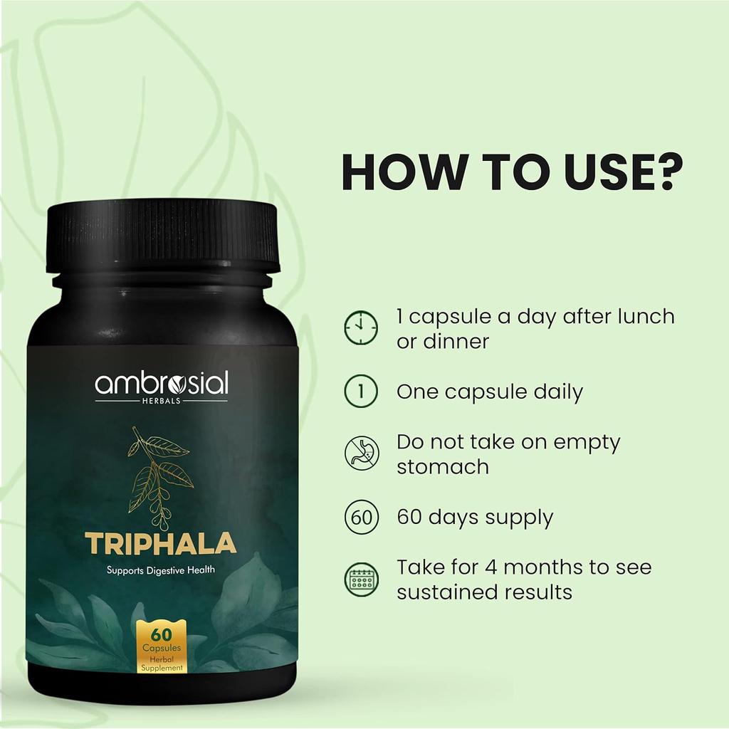 AMBROSIAL Трифала таблетки Смесь 3 натуральных трав в порошке Трифала Пищеварительные ферменты Избавление от запоров Пищеварение (Упаковка 1-60 капсул)