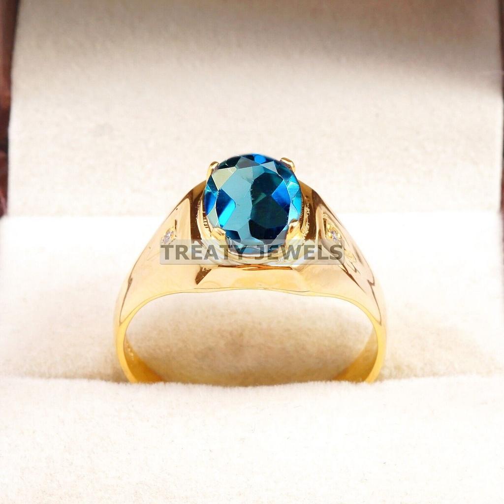 London Blue Topaz Oval With 925 Silver Sterling Gold Plated Ring For Men's #B231 JL375675983952