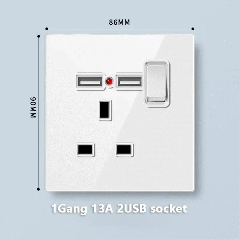 Universal Tempered Glass 20W Quick Charge USB Type-c Wall Dual 3pin Socket panel,UK 13A Wall 220V 2Way Light Switch Power Outlet