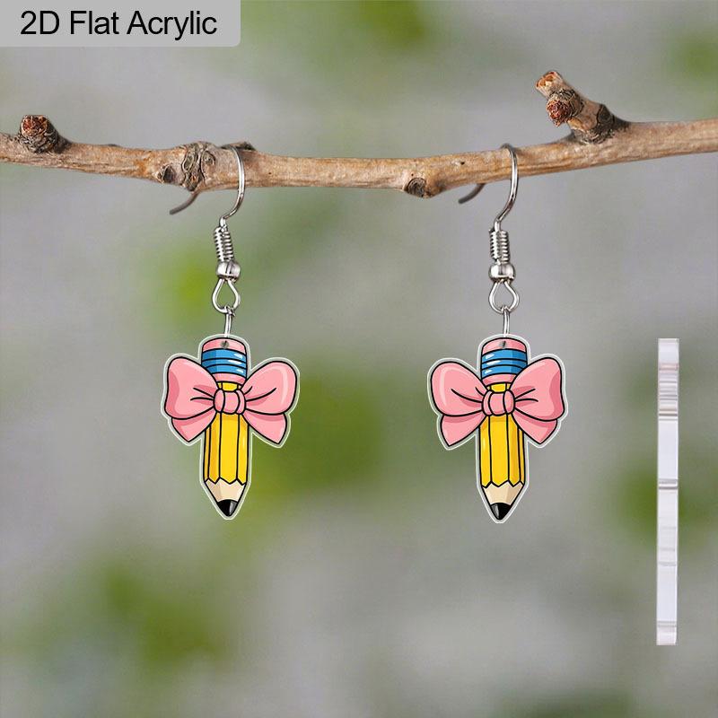 2D Flat Pink Bow Pencil Pattern Acrylic Dangle Earrings Teacher's Day Thanksgiving Gift Graduation Back To School Jewelry