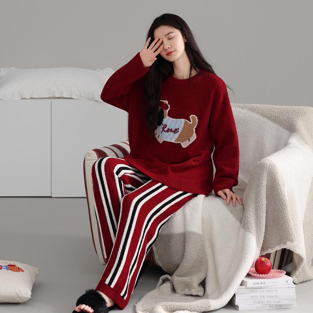 Пижама из полуфлиса женская осенне-зимняя утолщенная с длинным рукавом термо-повседневный пуловер можно носить на улице домашняя одежда коралловый флис костюм