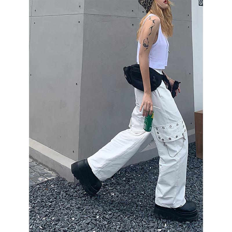 Черные брюки-карго в стиле Харадзюку, женские брюки-карго в готическом стиле с цепочкой, белые широкие брюки, женские хиппи, уличный стиль, эмо-торговый центр, гот
