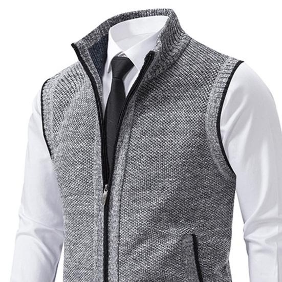 Мужской осенне-зимний жилет, пальто с воротником-стойкой, вязаный кардиган на молнии, защита шеи, без рукавов, приталенный крой, теплая повседневная мягкая мужская куртка средней длины