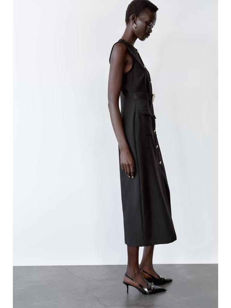 Весеннее миди-платье из крепа без рукавов с поясом 2025: Европейско-американский стиль