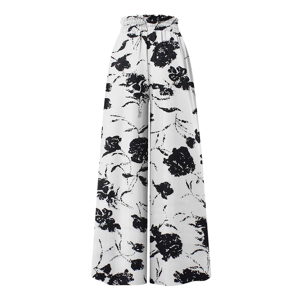 Женские летние широкие брюки с высокой талией и струящимися карманами, модные повседневные повседневные пляжные брюки в богемном стиле с принтом