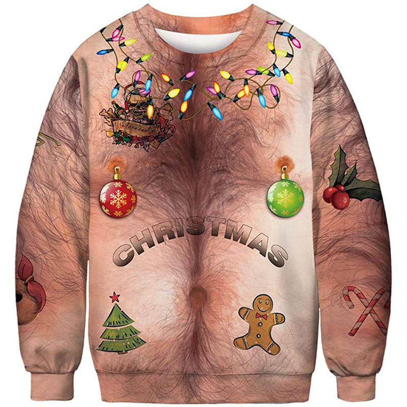 Women Men Funny Chest Hair Print Ugly Christmas Sweaters Jumpers Couple Autumn New Year Eve Holiday Party Xmas Sweatshirt Ropa