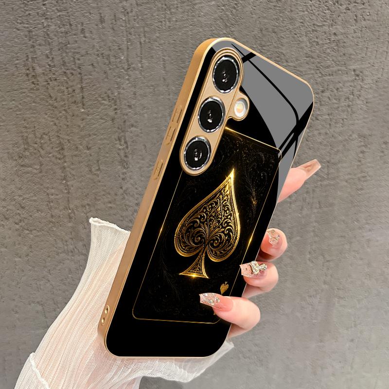 Черный чехол для телефона с 2D рисунком в виде карт Покер для Samsung S26 S25 S24 S23 S22 S21 S20 A56 Золотая металлическая краска Стеклянная защитная крышка