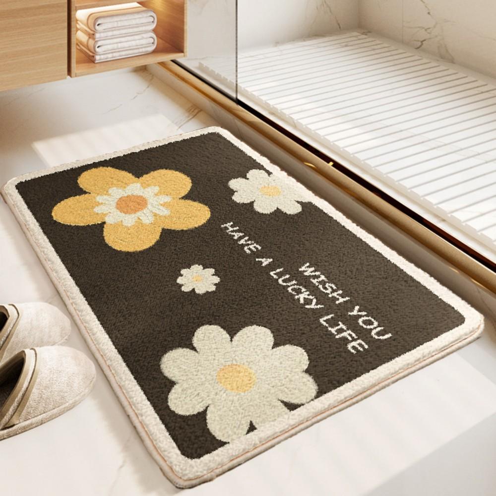 American Country Floral Bathroom Mat Off White With Brown Border Print Shower Room Floor Mat Home Decor Rug