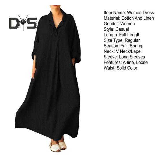 Autumn Spring Women Maxi Dress A-line Loose Hem Long Sleeves V Neck Pleated with Side Pockets Pullover Pure Color Daily Wear DressHandbags