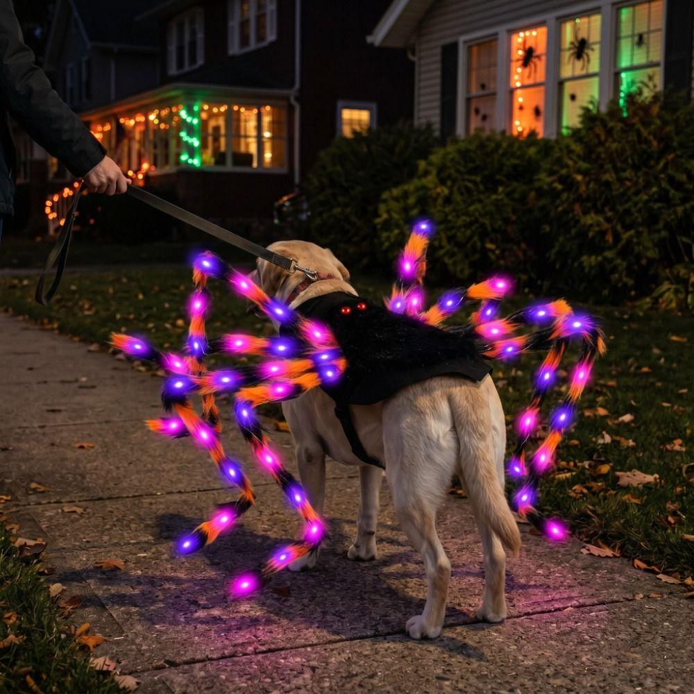 LED Purple Lights Halloween Pet Spider Costume Furry Pet Cosplay Costume  Halloween Party