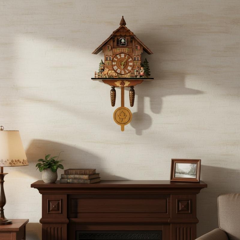 1 Piece Wooden Cuckoo Clock Creative Hanging Wall Clock With Auto Swing Pendulum For Home Living Room Decoration