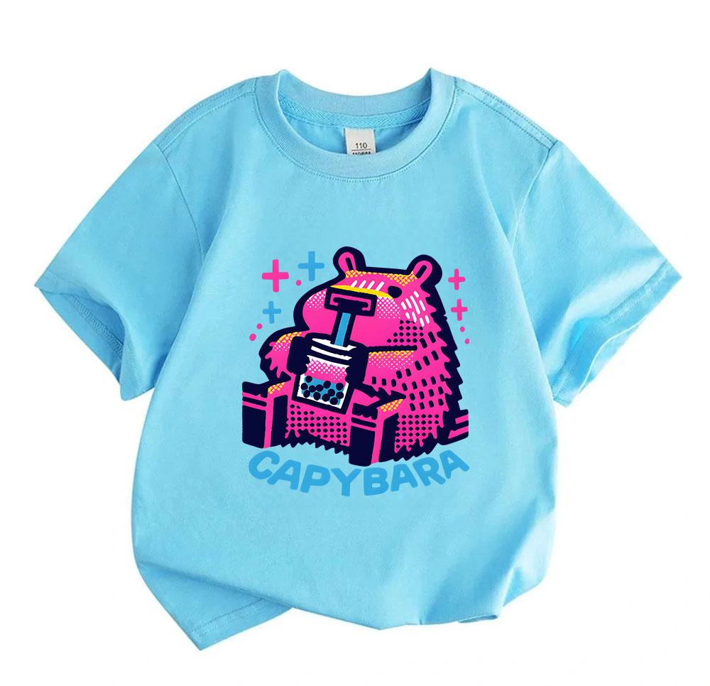 Kids Boys Girls 100% Cotton Crew Neck Short Sleeve T-Shirt, Cute Neon Capybara Bubble Tea Print Casual Soft Breathable Summer Tee Tops for Daily Wear
