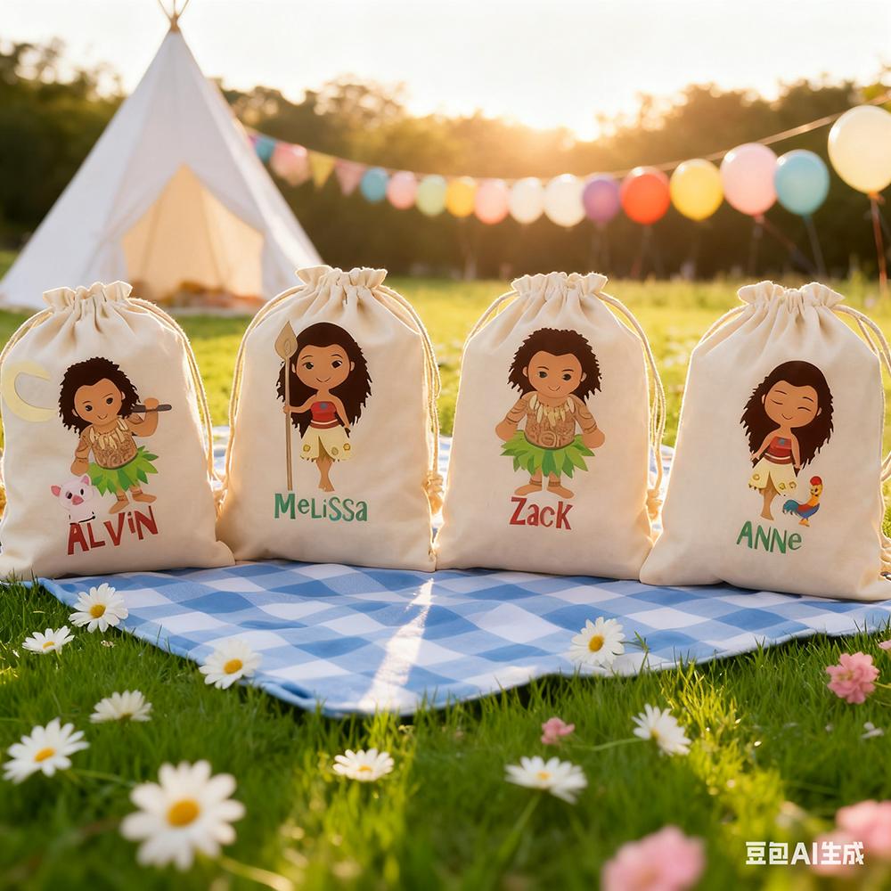 Пользовательские 4 шт. пакеты для подарков на вечеринку Моана, детское украшение для вечеринки в честь дня рождения в стиле Моана, мешок для сладостей со шнурком, подарок для мальчика/девочки на детский праздник