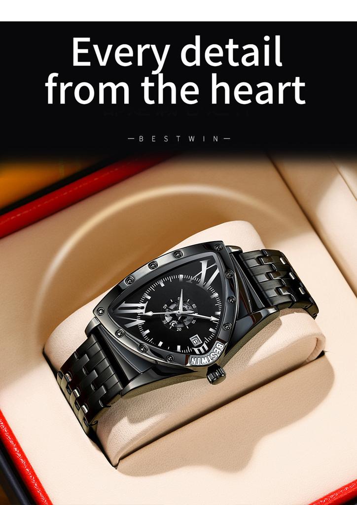 New Fashion Luxury Man Triangle Hollow Skeleton Faux Mechanical Watch Men Business Stainless Steel Quartz Watches reloj hombre
