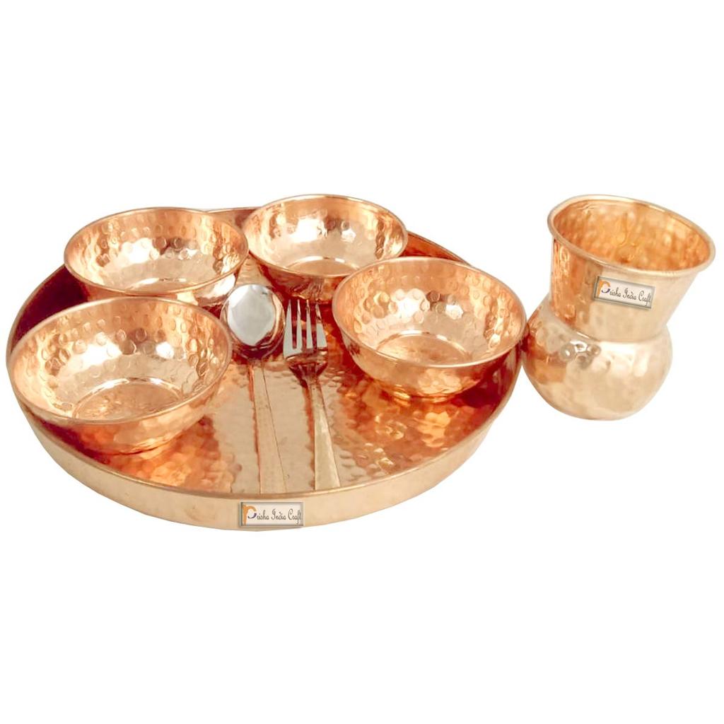 Prisha India Craft Traditional Dinner Set of 6 Dinnerware 100% Pure Copperware Thali Set Diameter 12"