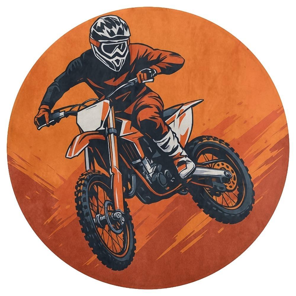 Motocross Rider Jump Theme Round Area Rug, Orange and Black Dirt Bike Non-Slip Floor Mat, Decorative Carpet for Bedroom Home