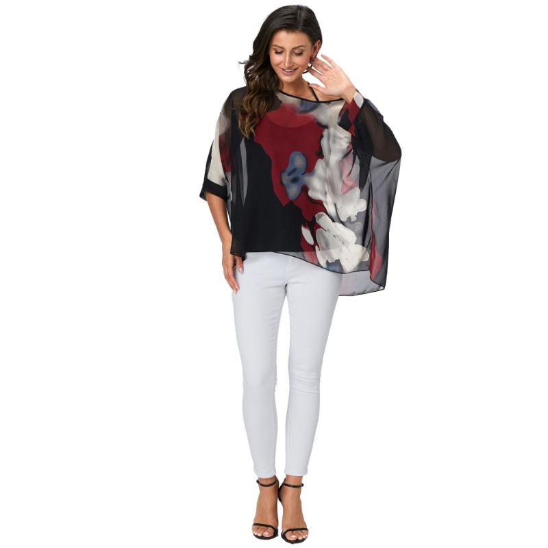 Женская шифоновая блузка с цветочным принтом и рукавами «летучая мышь», пляжная рубашка, свободная туника, рубашки, топы