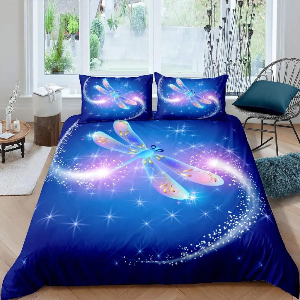 Bohemian Dragonfly Duvet Cover Set King Size Mandala Paisley Bedding Set Purple Tie Dye Iridescent Hippie Polyester Quilt Cover