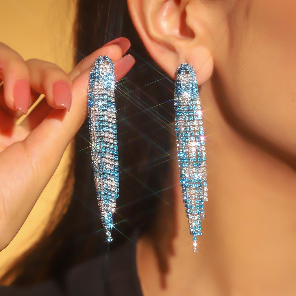 Colored Shiny Rhinestone Long Fringed Earrings