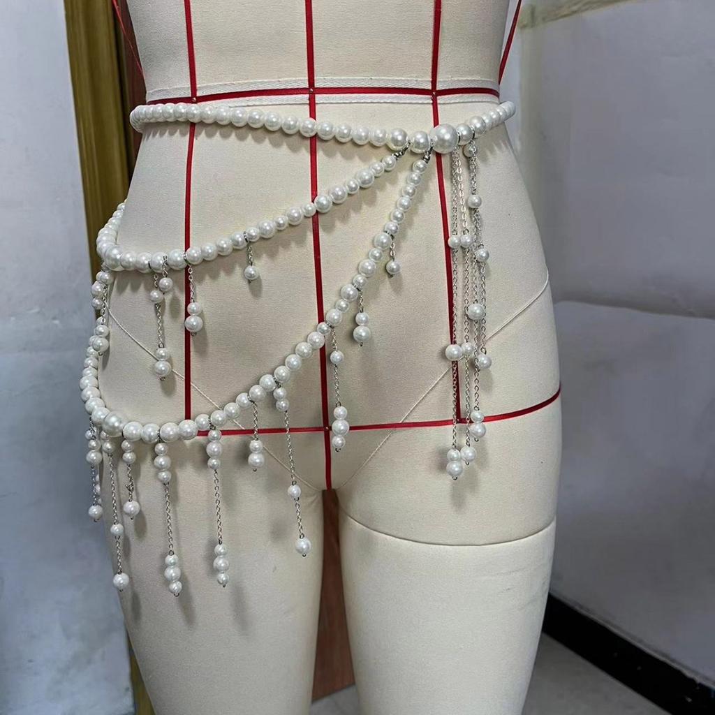 Multilayer Long Imitation Pearls Waist Chain Belt with Tassel Women Elegant Body Chain Accessory for Dresses and Sweater