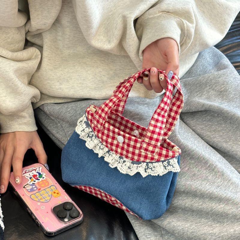 Корейская милая кружевная сумочка, ретро-художественная джинсовая клетчатая сумка с цветными блоками, свежие девчачьи мини-сумки для девочек, подарки