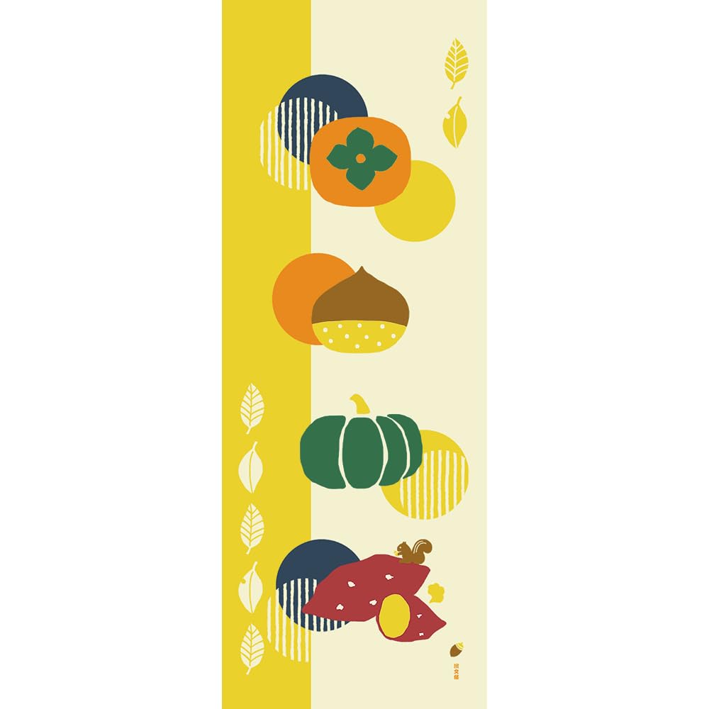 Hamamonyo illustrated tenugui featuring and sweet (hand towel) persimmons, chestnuts, pumpkins, potatoes.