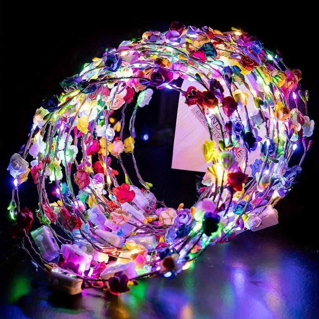 10 шт. светодиодных цветочных коронок, ободков для волос, светящихся цветочных корон, цветочных гирлянд, цветочных головных уборов, цветочных головных уборов для женщин и девочек, аксессуаров для волос