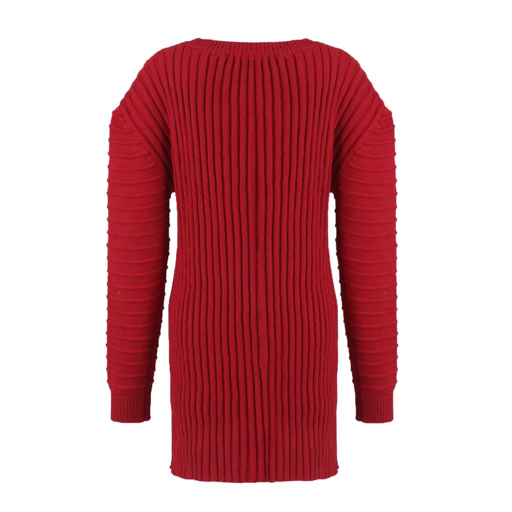 Women's Fashion Knitted Dresses Casual Waisted Round Neck Long Sleeve Long Dresses