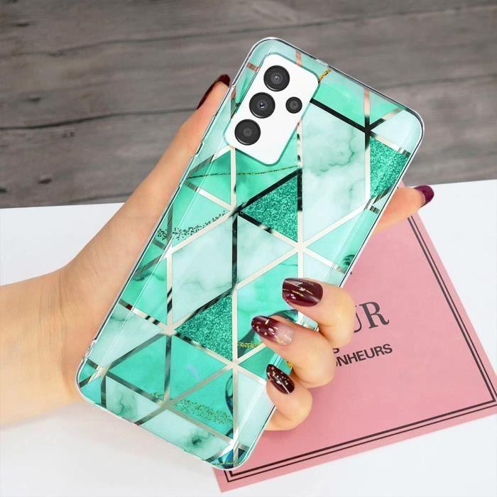 Coque + 2 Verres Trempés pour Samsung Galaxy A04s-A13 5G, Slim Souple Motif Marbre Turquoise Antichoc