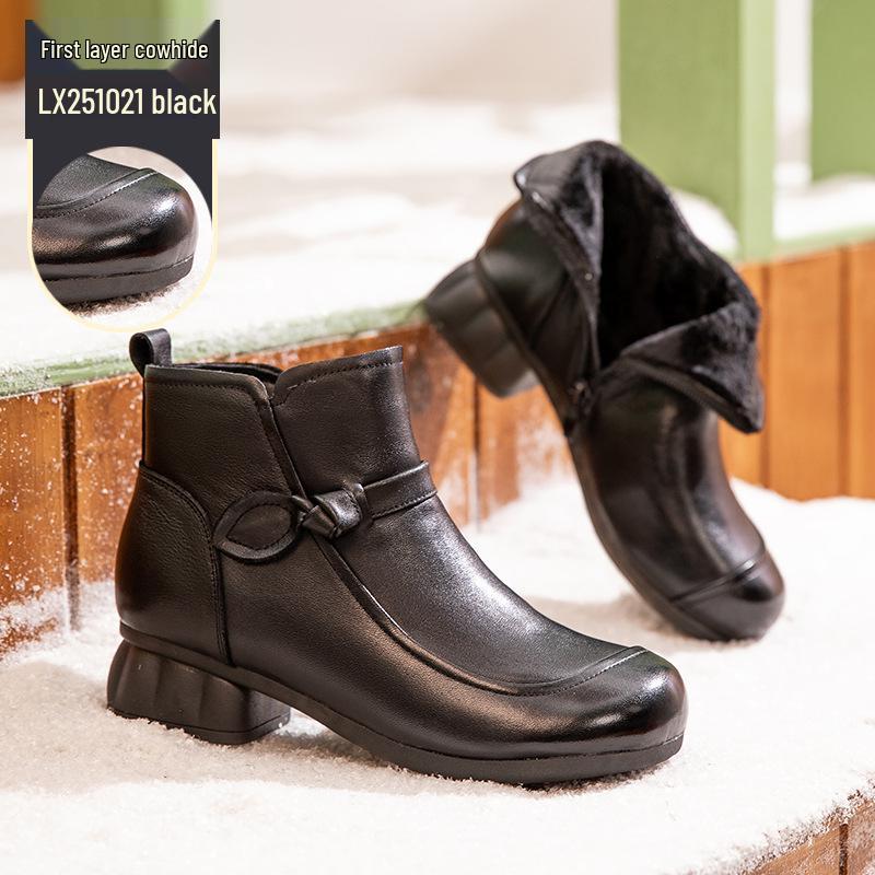 Зимние этнические вышитые ботильоны ручной работы 2025 года на ретро массивном среднем каблуке и мягкой подошве больших размеров