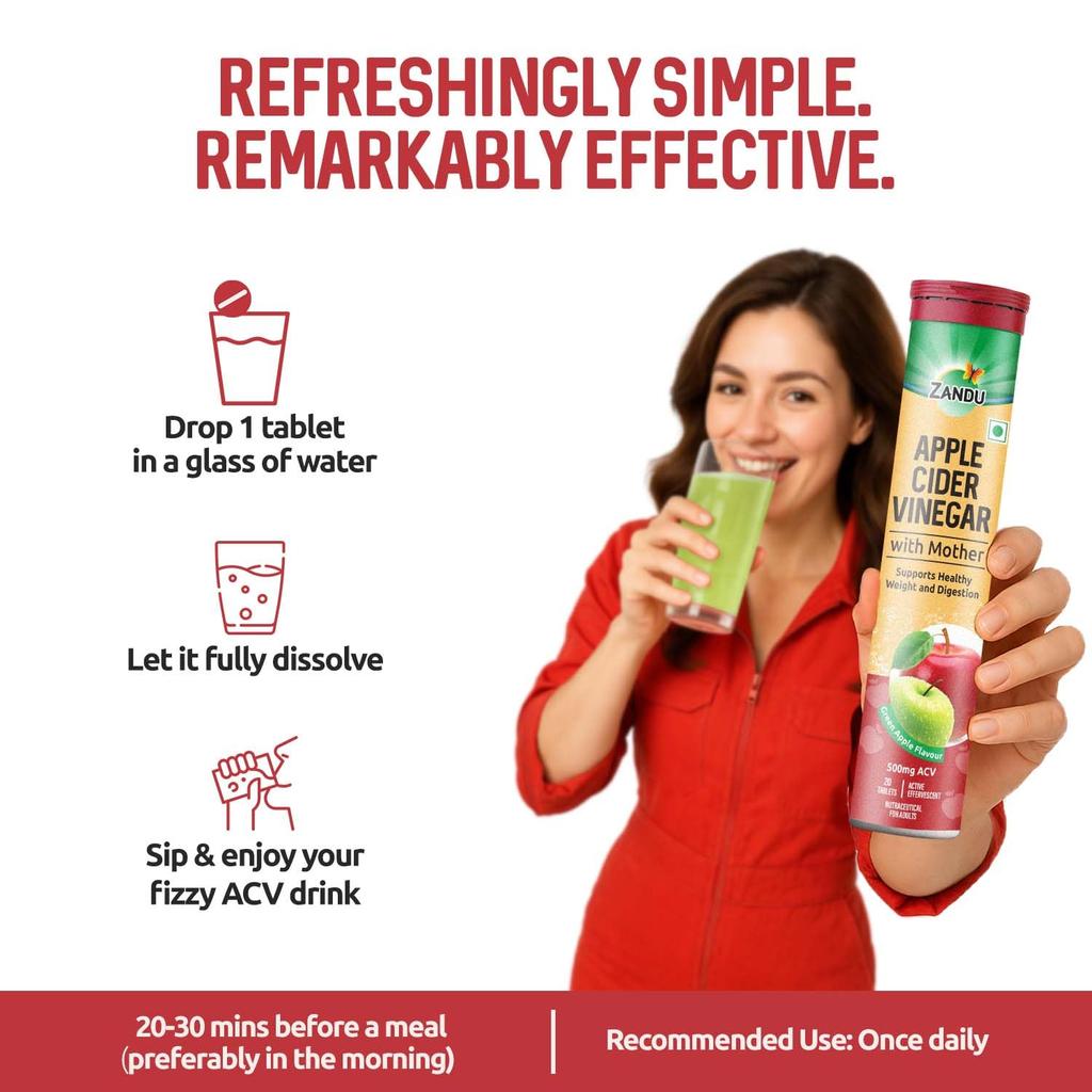 Zandu Apple Cider Vinegar ACV Effervescent Tablets 20 Pack Green Apple Flavor Digestive Support