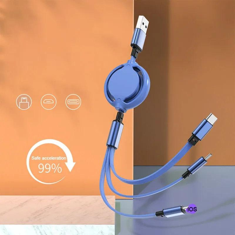 3 In 1 Retractable Data USB Cable for IPhone Charger Fast Wire Charging Cable for Android Phone Type C Xiaomi Huawei Samsung