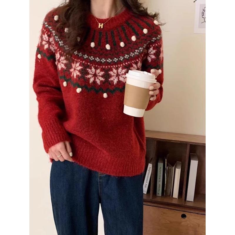 Jacquard Christmas New Red Fair Island Sweater Women's Autumn and Winter New Retro Pullover Soft Waxy Knitted Top