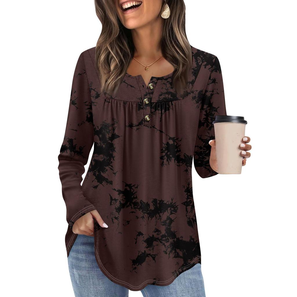Женская туника с длинным рукавом, свободные топы, повседневные топы оверсайз, плиссированная туника, застегивающаяся на пуговицы, повседневные женские топы с принтом