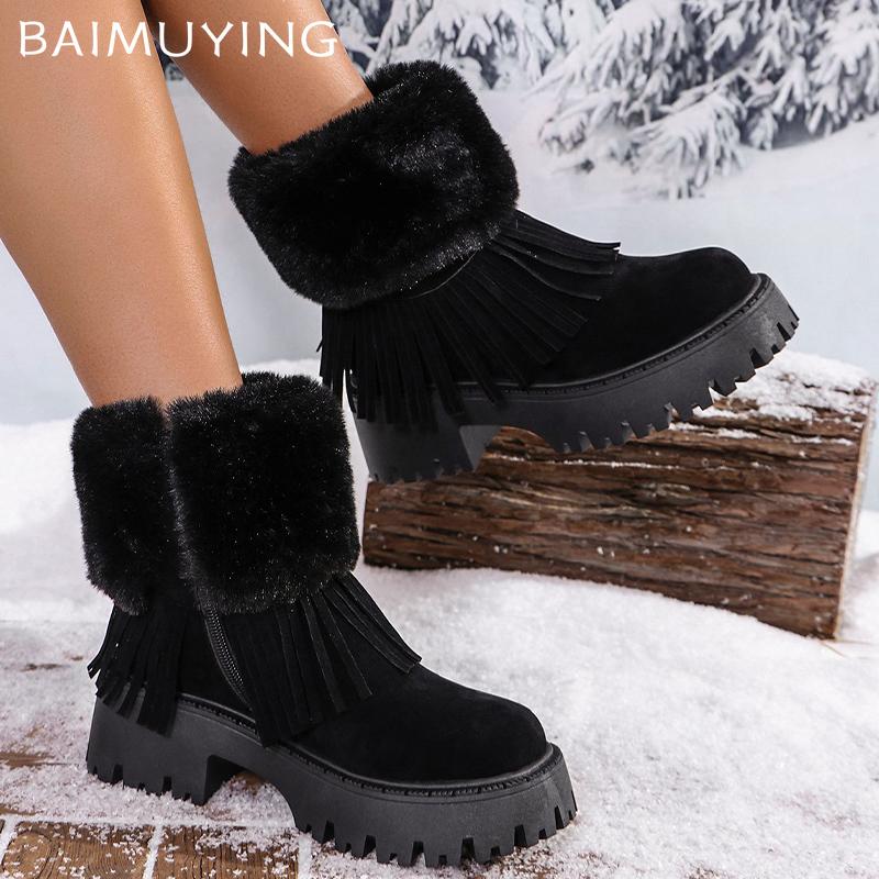 Женские зимние ботильоны на платформе с леопардовыми кисточками, замшевые меховые туфли на среднем каблуке, короткие плюшевые зимние ботинки 2025 года, тренд, теплые ботинки для женщин
