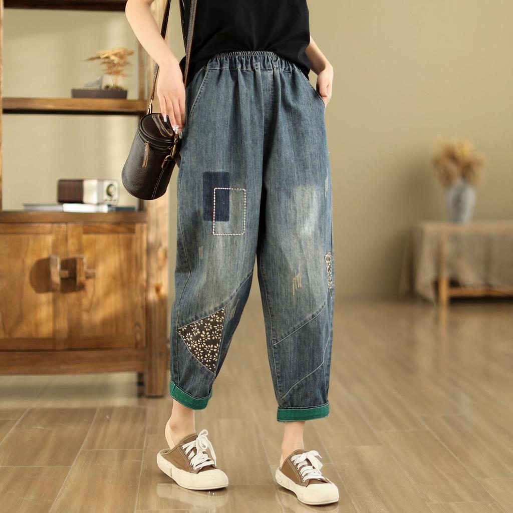 Весна/лето Новые повседневные брюки-харен для женщин Вышитые женские укороченные брюки Свободные джинсы для женщин