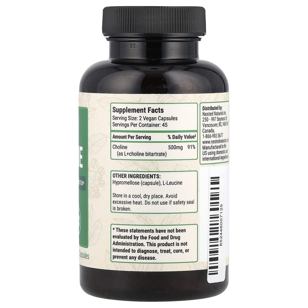 Nested Naturals Холин, 500 мг, 90 растительных капсул (250 мг на капсулу)