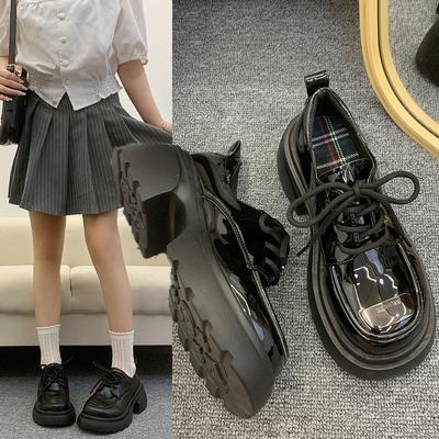 Толстая подошва, увеличивающая рост, маленькие кожаные туфли, весенние туфли Le Fu, женские туфли с неглубоким воротом, на шнуровке, с одинарными туфлями в колледже, модная женская обувь