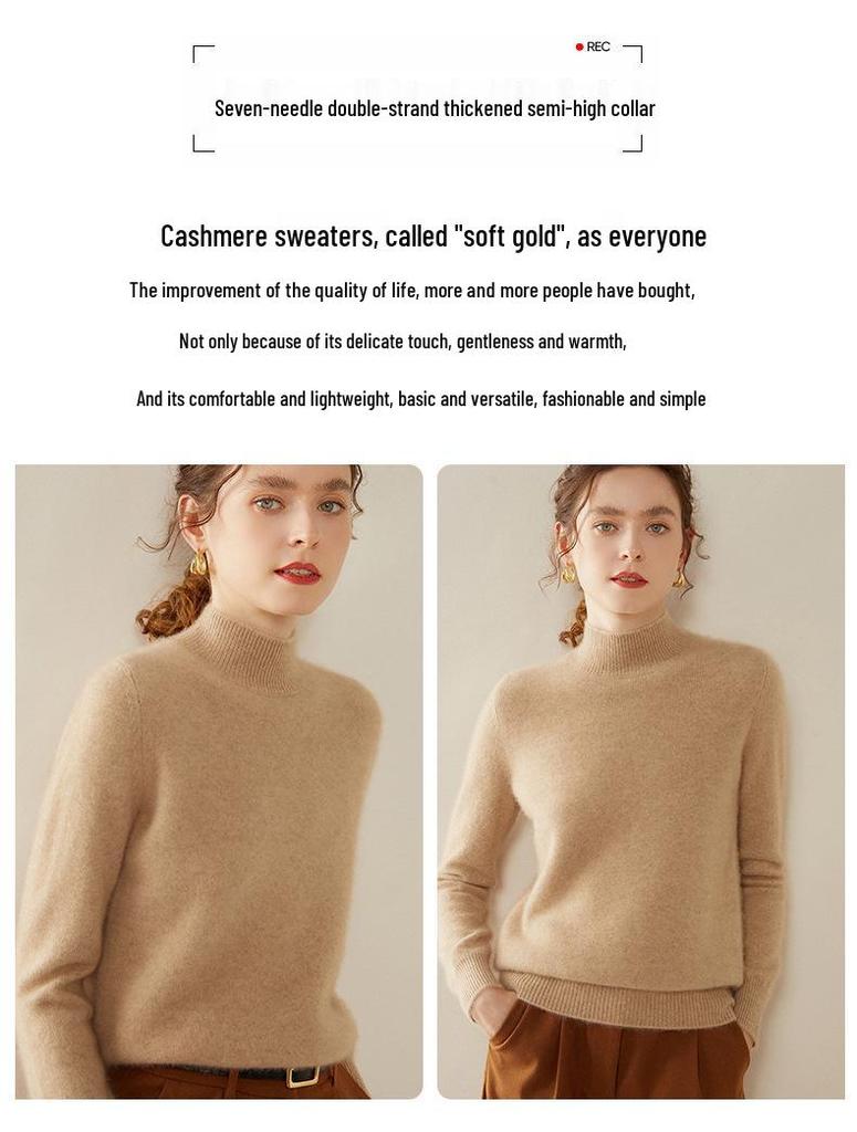 Women's Cashmere Half-High Collar Sweater: Autumn/Winter, Thick, Simple, Loose, Slimming Knitwear