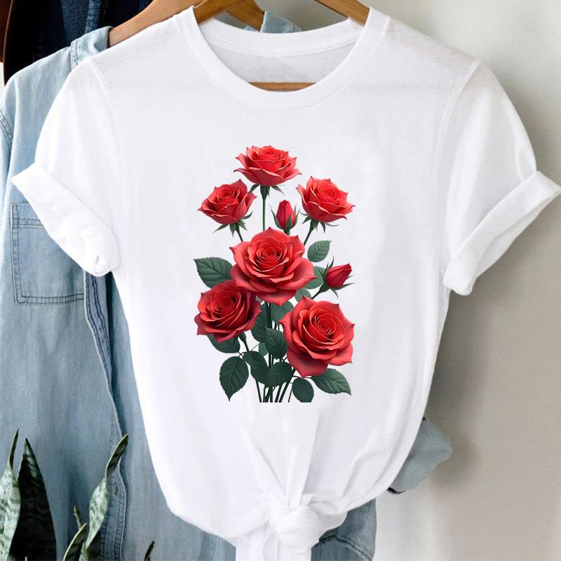 (Азиатский размер) Повседневная футболка с милым цветочным принтом, симпатичная футболка с коротким рукавом, модная женская одежда, принтованные женские футболки с круглым вырезом и графическим принтом