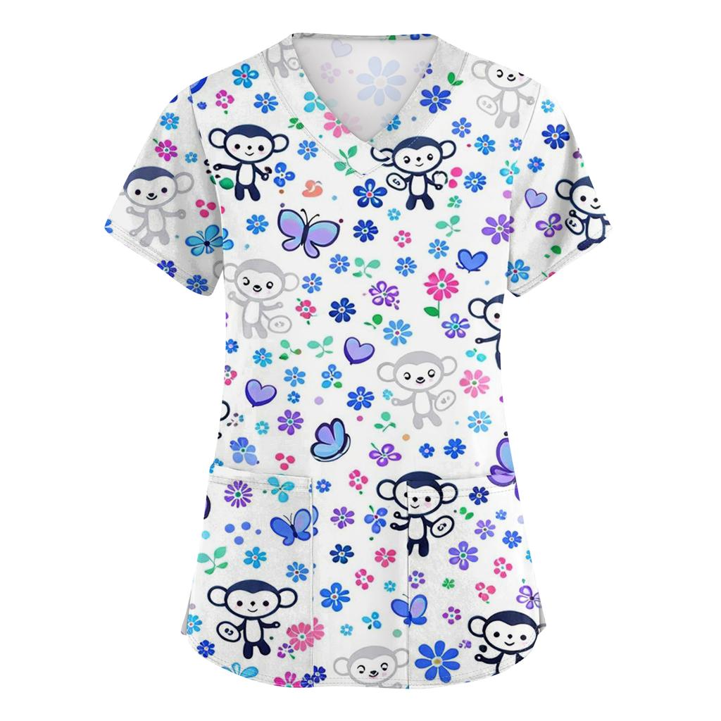 Women's Casual Short-Sleeve Cute Animal Print V-Neck Pocket Top
